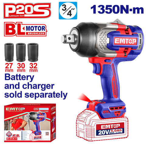 Llave de impacto inalámbrica Emtop ECIWL201351 de 1350Nm de torque