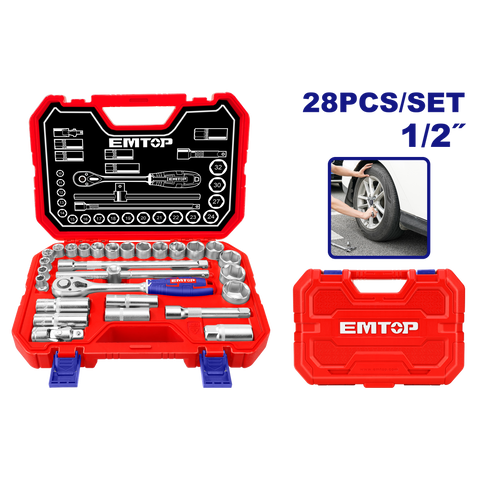Dados en Juego 28 PCS Industrial 1/2" con Ratchet y Maletín Plástico
