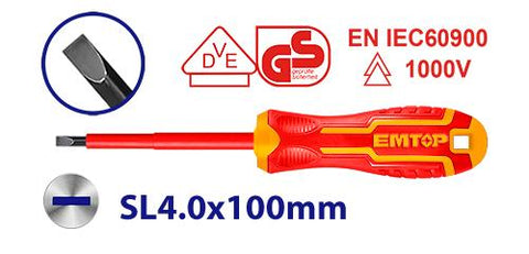 Destornillador aislado plano SL4, protección hasta 1000V – EMTOP ESDRJ4100
