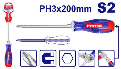 Destornillador de varilla pasante Phillips PH3 200mm – EMTOP EGTSPH3200