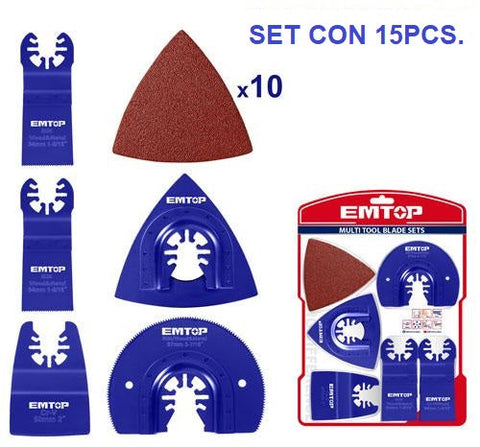 Set de 15 piezas de sierras y lijas para multiherramientas - EMTOP EMTB1501