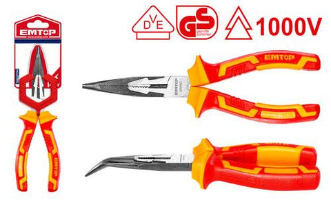 Alicate aislado de punta curva de 8”, protección hasta 1000V – EMTOP EPLRB0831