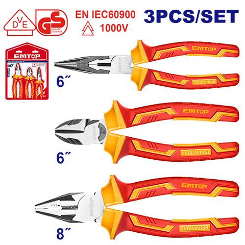 Set de tres alicates aislados: universal, corte diagonal, punta larga – EMTOP EPLS0331