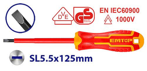 Destornillador aislado plano SL5.5, protección hasta 1000V – EMTOP ESDRJ5125