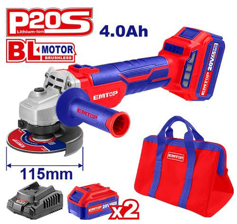 Kit de Amoladora angular 20V, 115mm, 5/8”-11UNC, incluye 2 baterías de litio, cargador y accesorios - EMTOP ULAG2011522