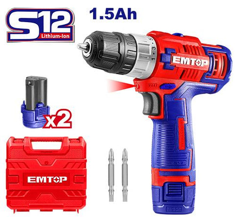 Kit de Taladro inalámbrico 12V, diámetro de perforación 1/32” - 3/8”, incluye 2 baterías de litio, cargador y dos puntas de destornillador - EMTOP ULCDL12622