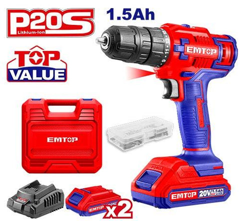Kit de Taladro inalámbrico 20V, diámetro de perforación 1/32” - 3/8”, incluye 2 baterías de litio, cargador y accesorios - EMTOP ULCDL620012