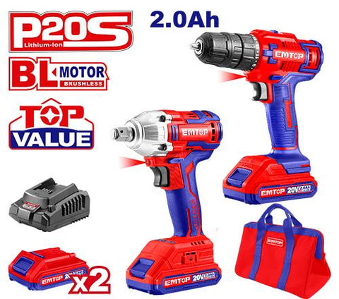 Kit de Llave de impacto inalámbrico de 1/2” + Taladro inalámbrico 20V, incluye baterías de litio, cargador y accesorios - EMTOP ULCKL2007